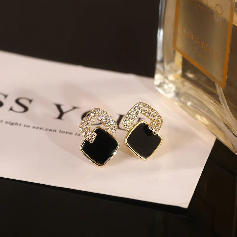 Korean Style Black Zircon Stud Earring For Women Shiny Rhinestone Square Geometric Earrings