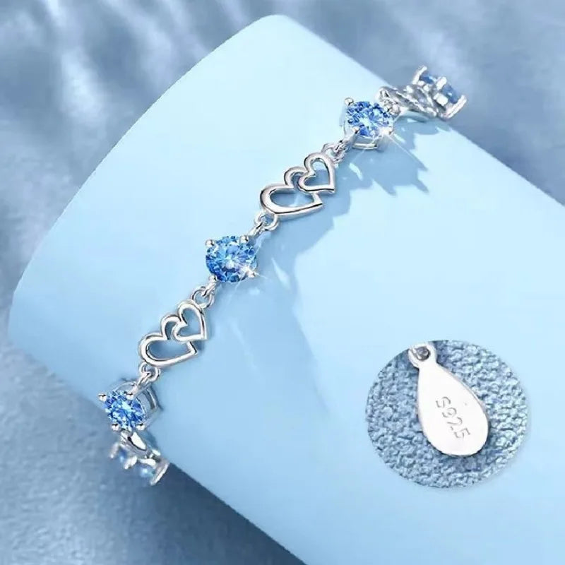 925 Sterling Silver Double Layered Heart-shaped Bracelet - Vintage Korean Crystal Bracelets