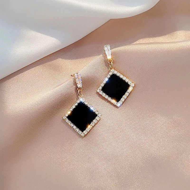 Korean Style Black Zircon Stud Earring For Women Shiny Rhinestone Square Geometric Earrings