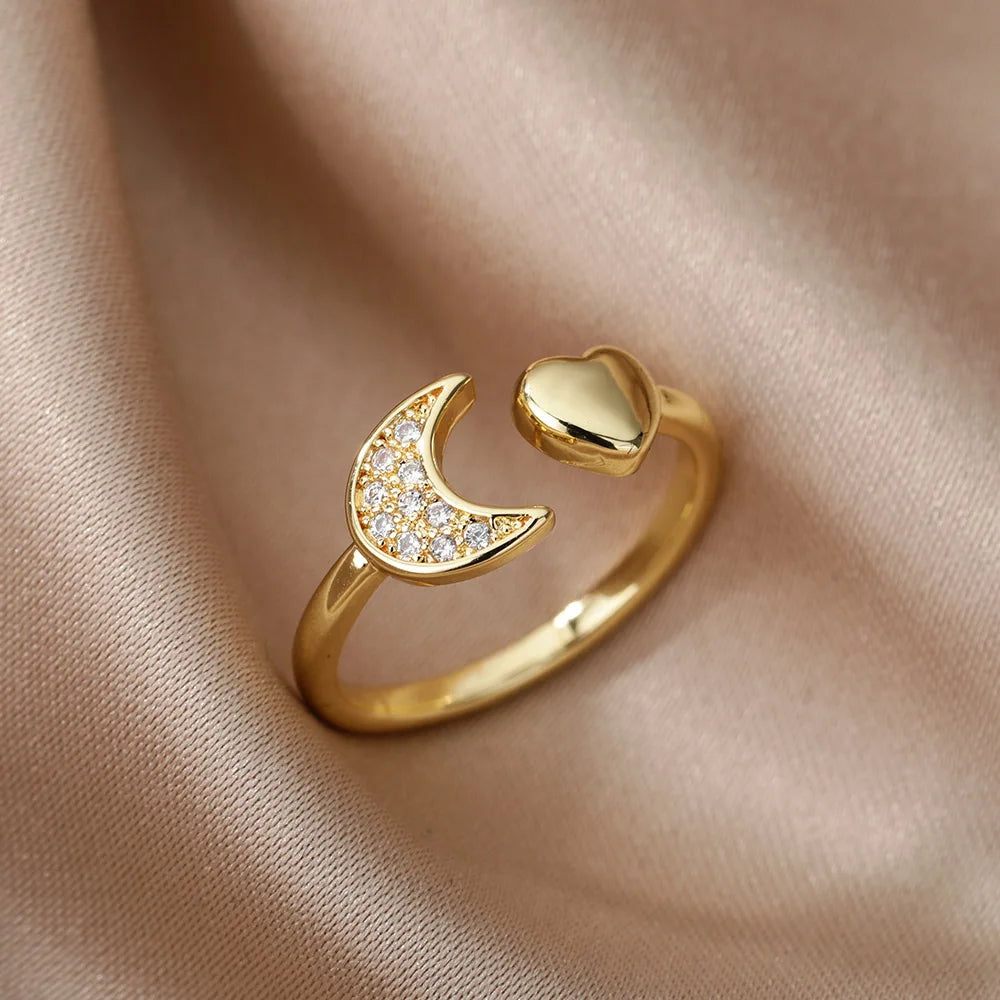 Adjustable Smooth Double Heart Rings For Women Stainless Steel Zircon Heart Love Ring