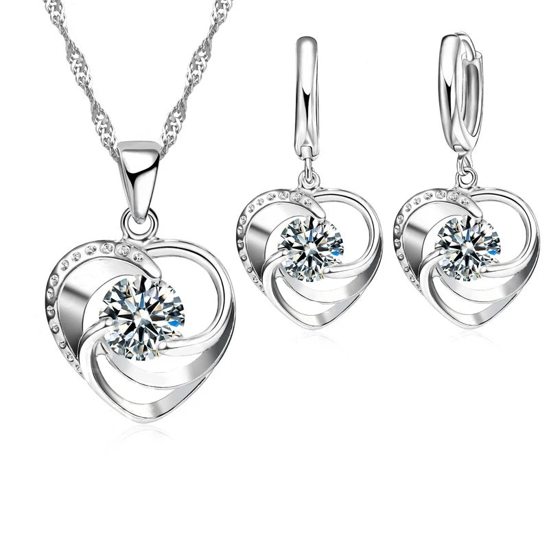 925 Sterling Silver Stamped Necklace Earrings Set Long Chain Sweet - Love Heart