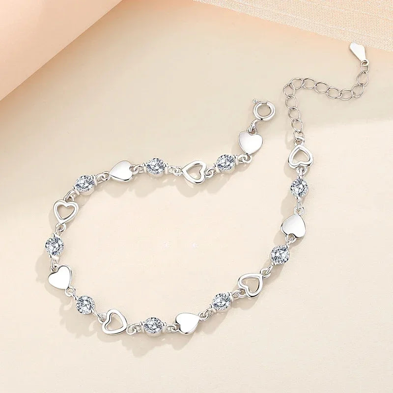 925 Sterling Silver Double Layered Heart-shaped Bracelet - Vintage Korean Crystal Bracelets