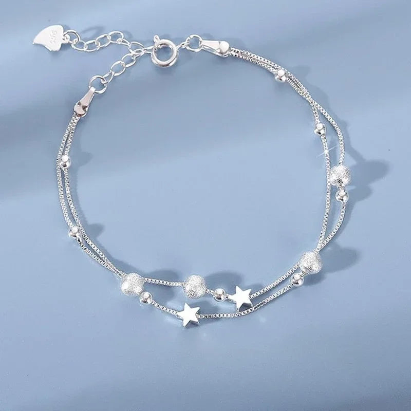 925 Sterling Silver Double Layered Heart-shaped Bracelet - Vintage Korean Crystal Bracelets