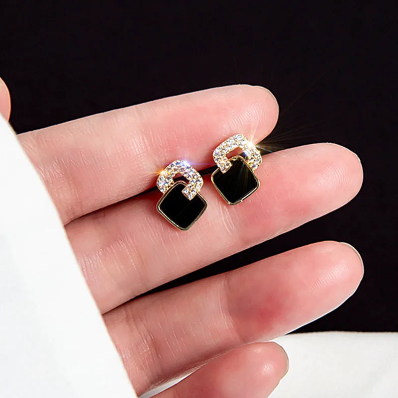 Korean Style Black Zircon Stud Earring For Women Shiny Rhinestone Square Geometric Earrings
