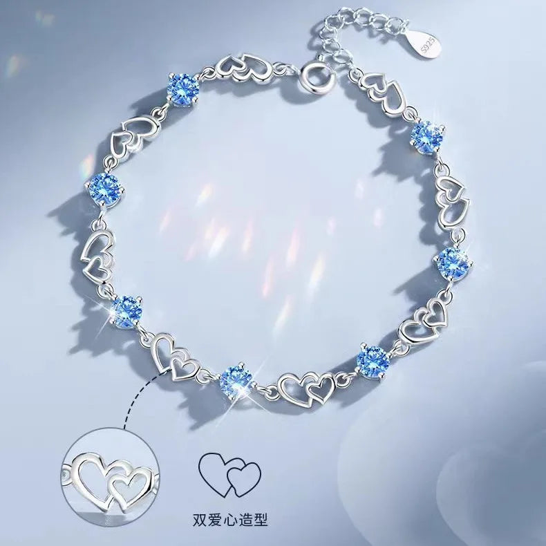 925 Sterling Silver Double Layered Heart-shaped Bracelet - Vintage Korean Crystal Bracelets