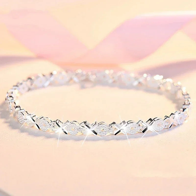 925 Sterling Silver Double Layered Heart-shaped Bracelet - Vintage Korean Crystal Bracelets