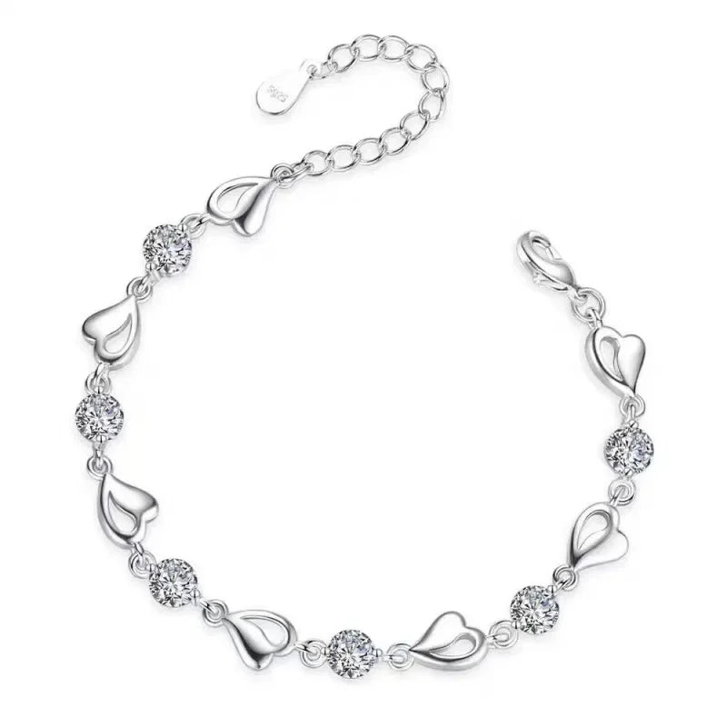 925 Sterling Silver Double Layered Heart-shaped Bracelet - Vintage Korean Crystal Bracelets