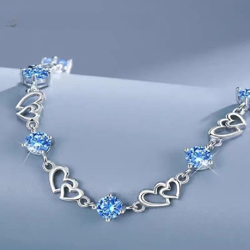 925 Sterling Silver Double Layered Heart-shaped Bracelet - Vintage Korean Crystal Bracelets