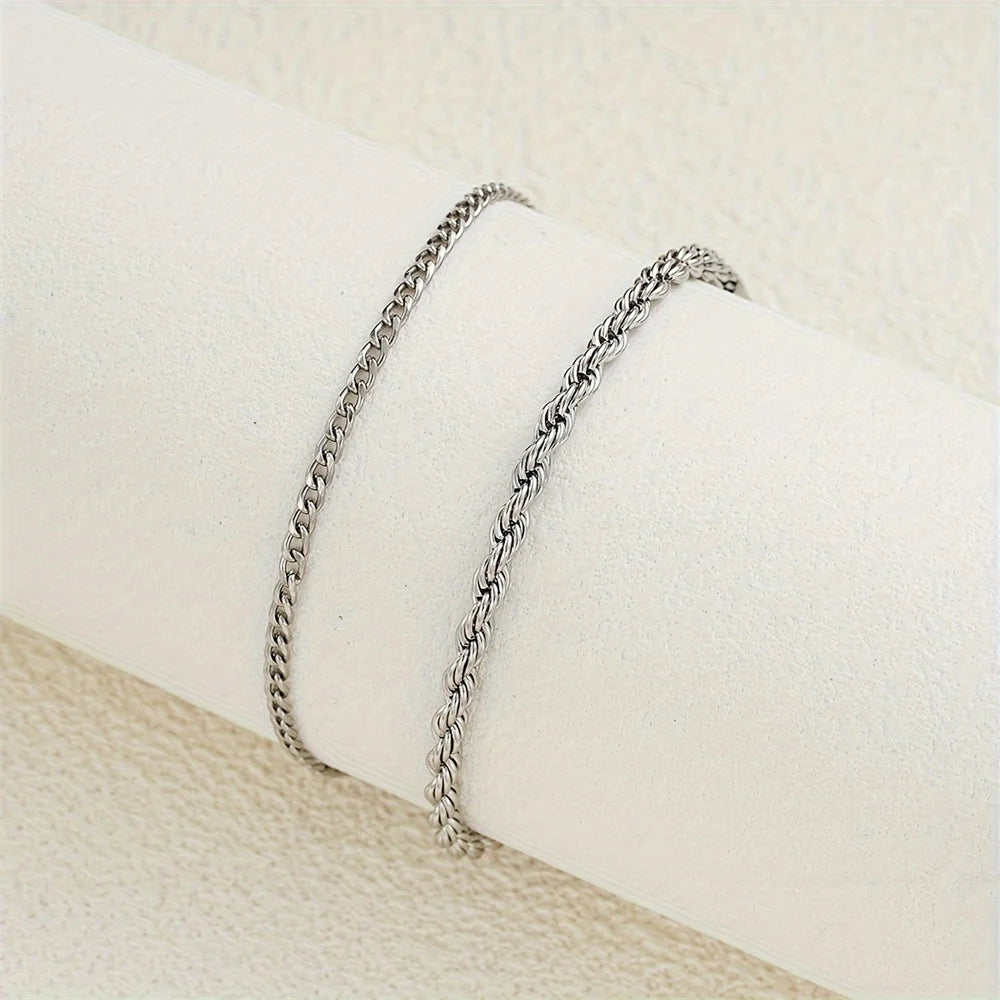 2pcs Stainless Steel Adjustable Silver Color Chain Anklets Set