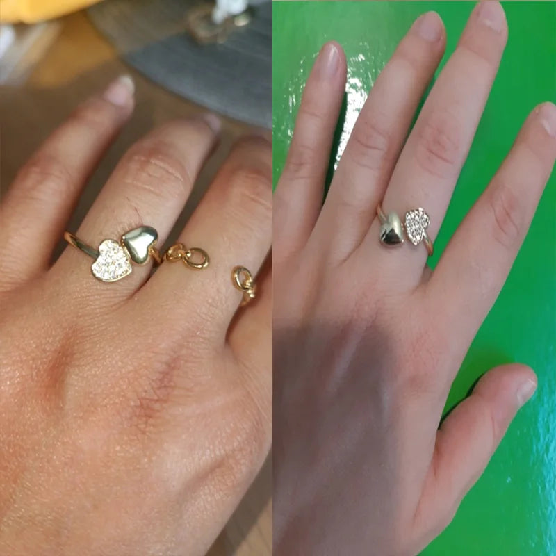 Adjustable Smooth Double Heart Rings For Women Stainless Steel Zircon Heart Love Ring