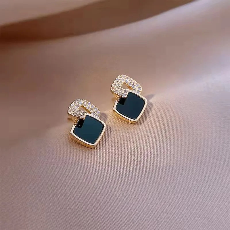 Korean Style Black Zircon Stud Earring For Women Shiny Rhinestone Square Geometric Earrings