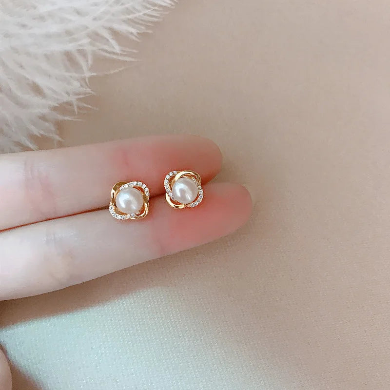 Earrings Zircon Pearl Twist Luxury Stud