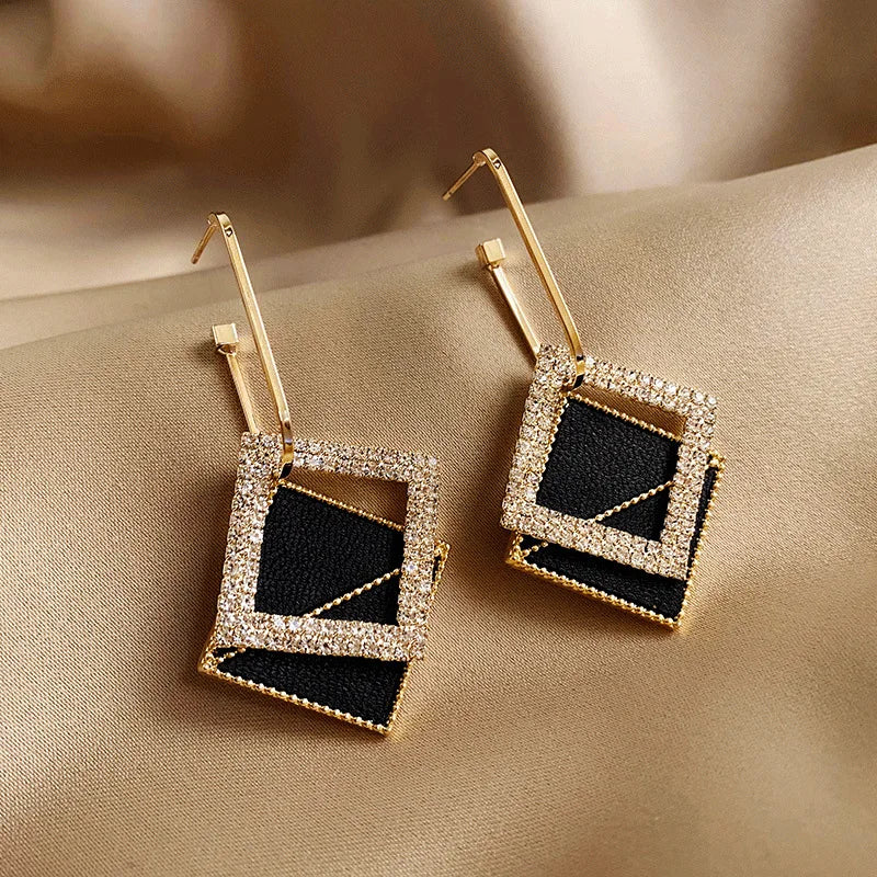 Korean Style Black Zircon Stud Earring For Women Shiny Rhinestone Square Geometric Earrings