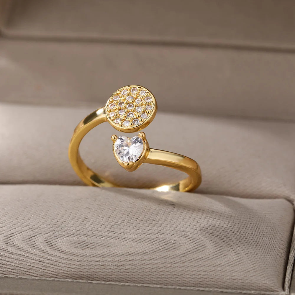 Adjustable Smooth Double Heart Rings For Women Stainless Steel Zircon Heart Love Ring