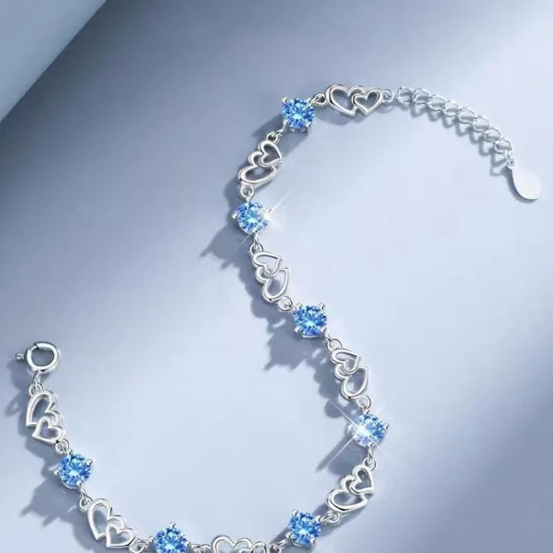 925 Sterling Silver Double Layered Heart-shaped Bracelet - Vintage Korean Crystal Bracelets
