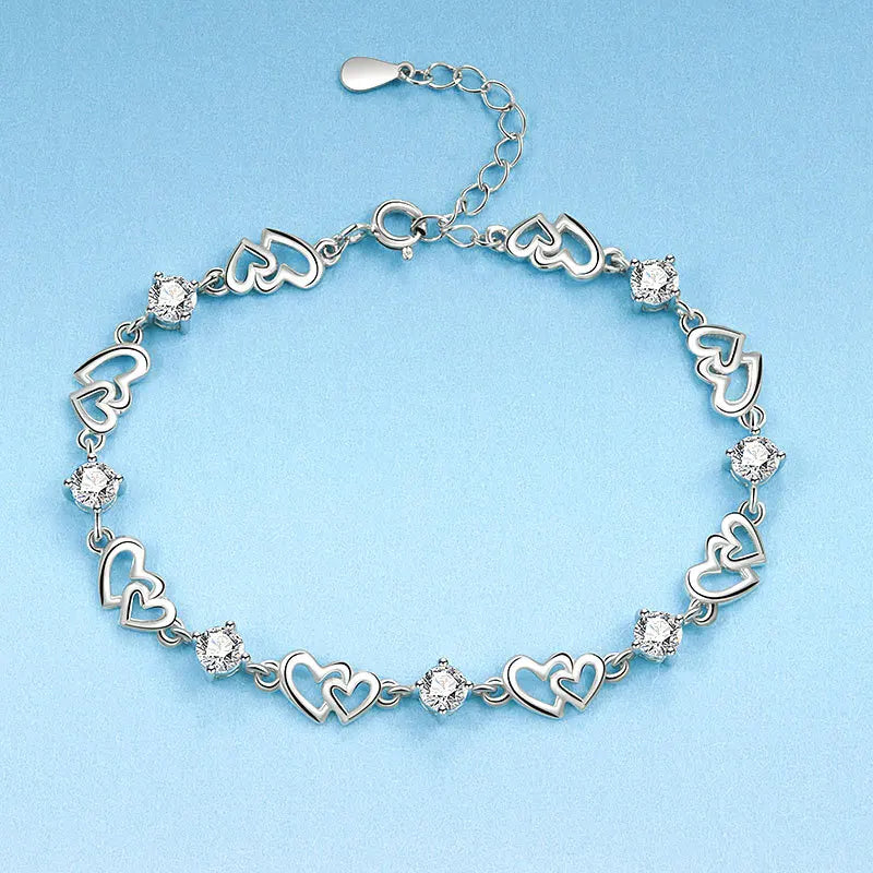 925 Sterling Silver Double Layered Heart-shaped Bracelet - Vintage Korean Crystal Bracelets
